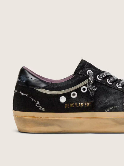 Super-Star LAB pour homme en cuir velours lamé noir et nylon avec étoile en relief et lacets avec cristaux