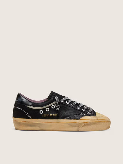 Super-Star LAB pour homme en cuir velours lamé noir et nylon avec étoile en relief et lacets avec cristaux
