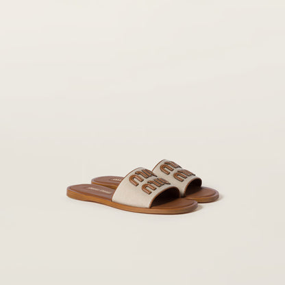 Mules en toile et cuir Beige / Brandy