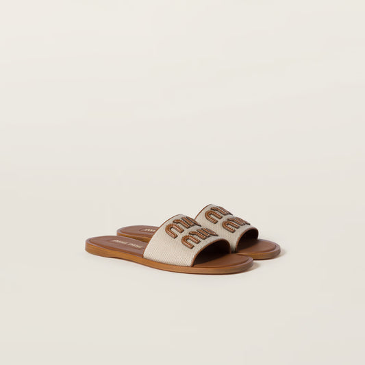 Mules en toile et cuir Beige / Brandy