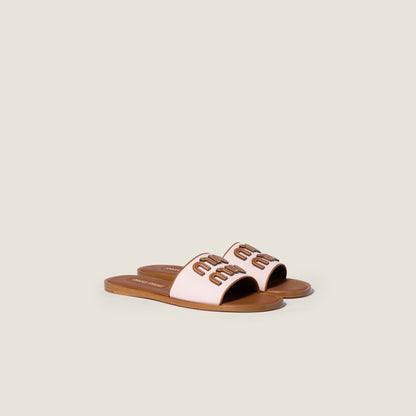 Mules en toile et cuir Pêche/Brandy