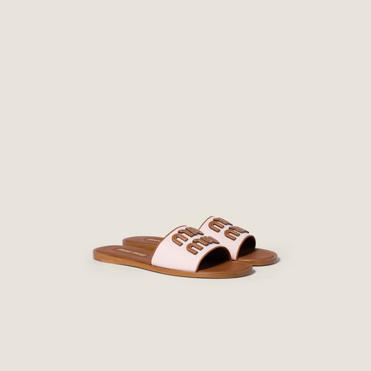 Mules en toile et cuir Pêche/Brandy